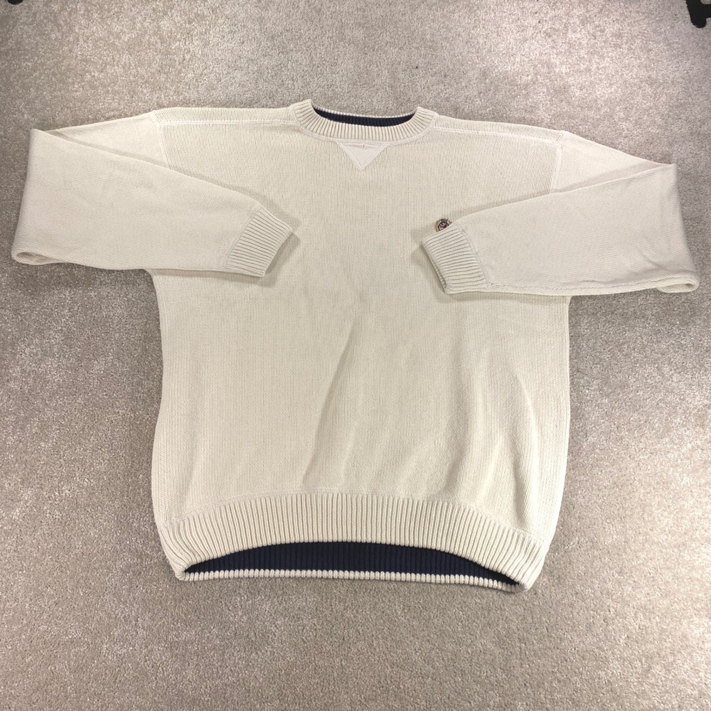 Tommy Hilfiger Sweater Men Large Cream Navy Blue Crest Logo Cotton Knit Crewneck